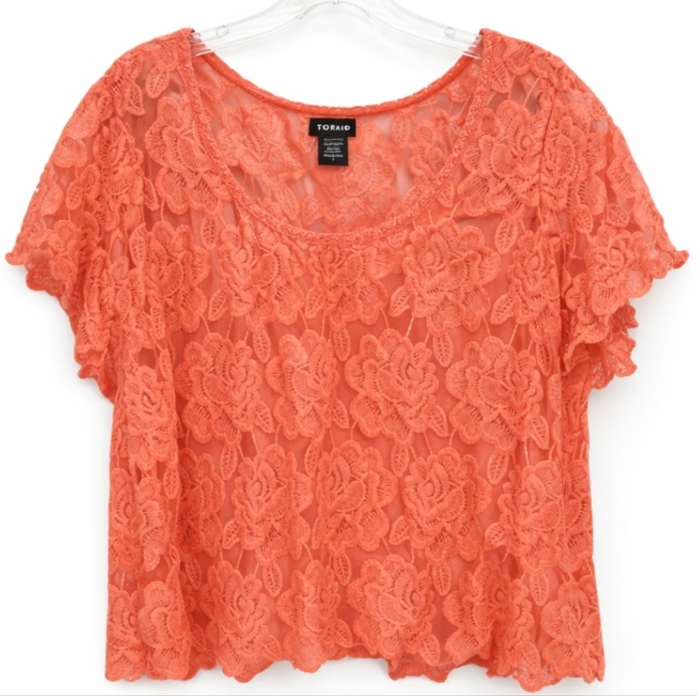 Torrid Orange Floral Sheer Lace 100% Cotton Womens Blouse Sz 1 (XL)